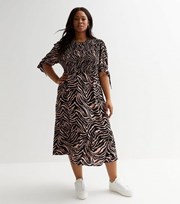 New Look Curves Brown Zebra Shirred Tie Puff Sleeve Midi Dress